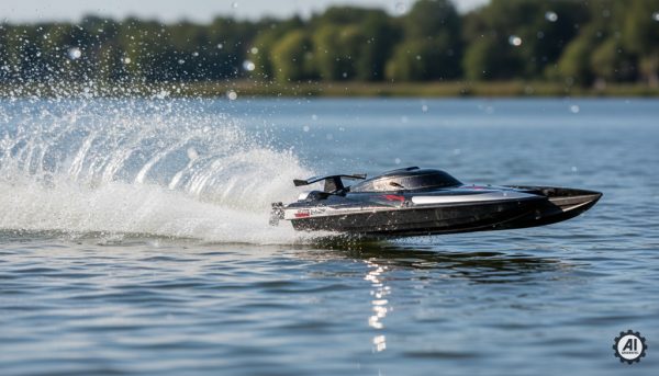 motorówka zdalnie sterowana płynie po jeziorze-2